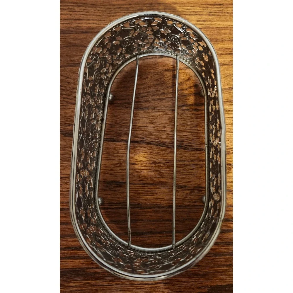 Vintage Silver Tone Filigree Oval Basket Decorative Metal Vanity Caddy 6 Inch